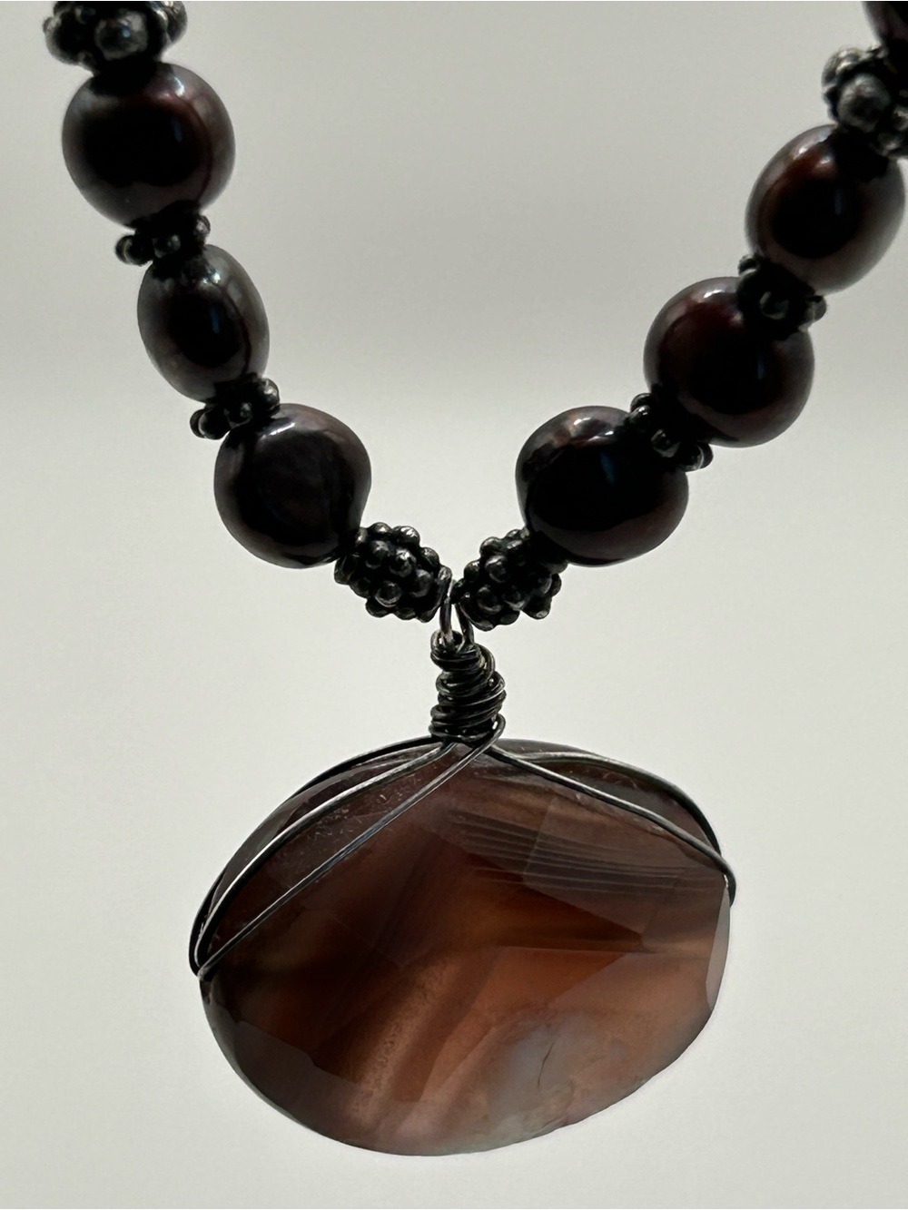 Vintage Cultured Brown Red Pearl Sterling Silver Beads Agate Pendant Necklace 20